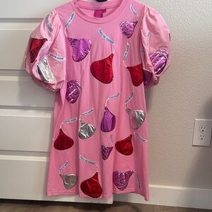 QUEEN OF SPARKLES Pink Hershey kisses dress with Blue and Silver Detail